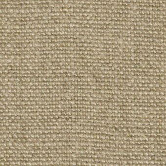 Washed linen textile sample, neutral beige tone, dense grid weave with visible fibers and a matte, slightly mottled surface texture.